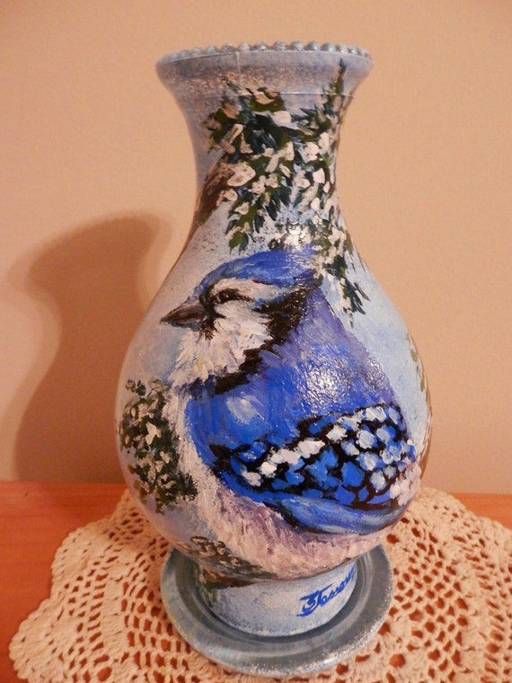 Hand Painted Glass Hurricane Lamp Shade Winter Blue Jay Hand Painted Glass Hurricane Lamp Shade, Blue Hurricane Lamp Shade
