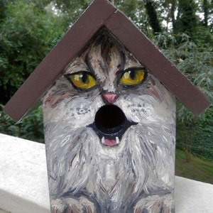 Bird House Hand Painted Custom Gray Cat Design Wood Outdoor