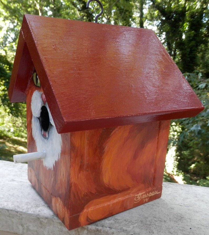 Bird House Hand Painted Custom Orange Tuxedo Cat Design Wood image 2