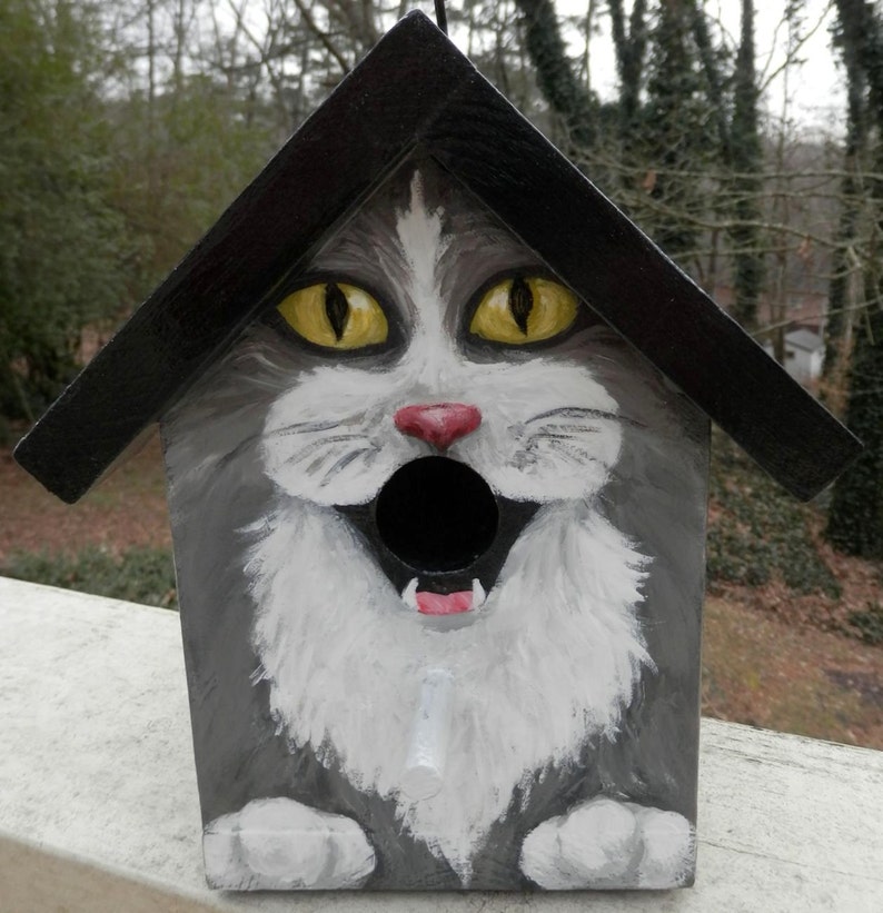 Bird House Hand Painted Custom Gray Tuxedo Cat Design Wood Outdoor