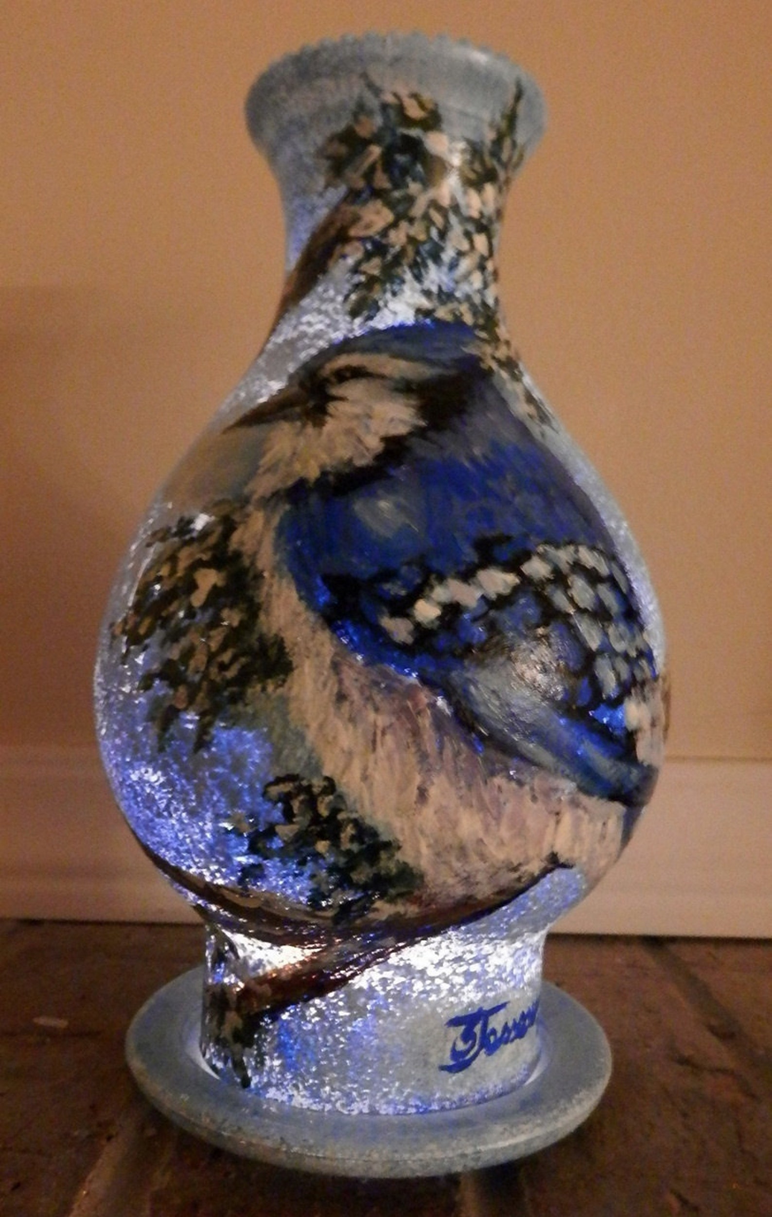 Hand Painted Glass Hurricane Lamp Shade Winter Blue Jay Etsy