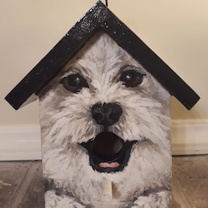 Bird House Hand Painted Custom  Made White Dog Design Wood Outdoor