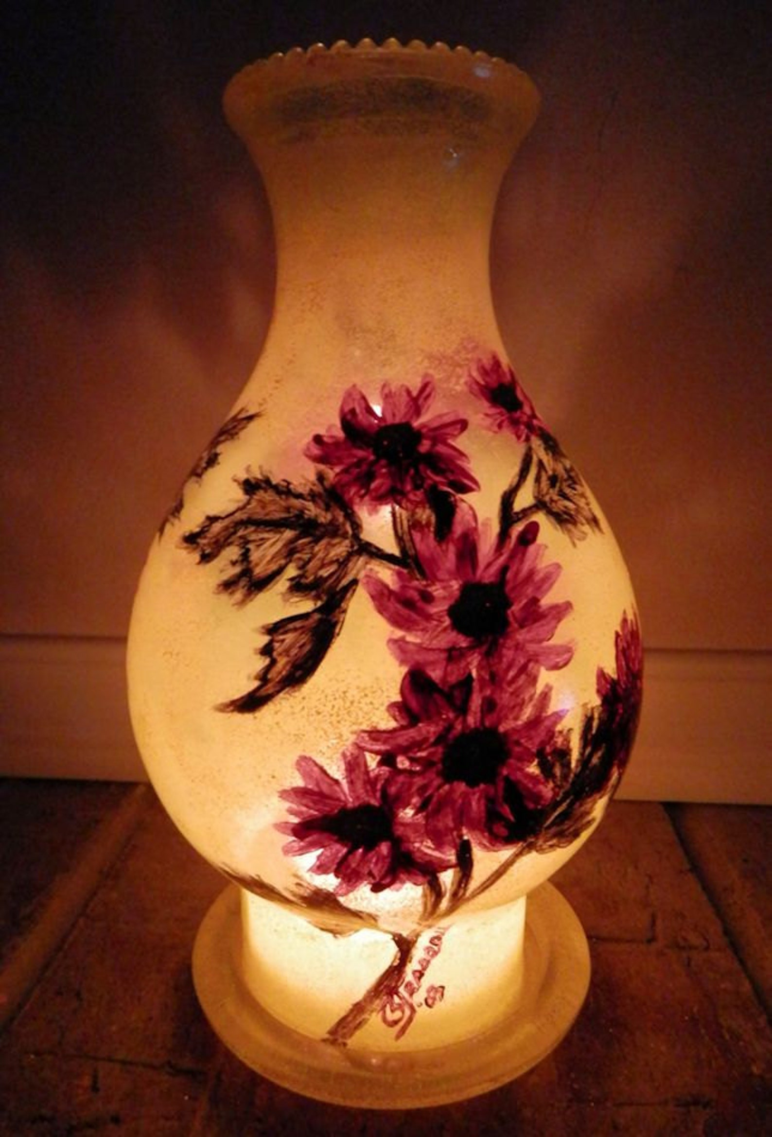 Handpainted Hurricane Glass Lamp Shade Yellow Red Daisies Etsy