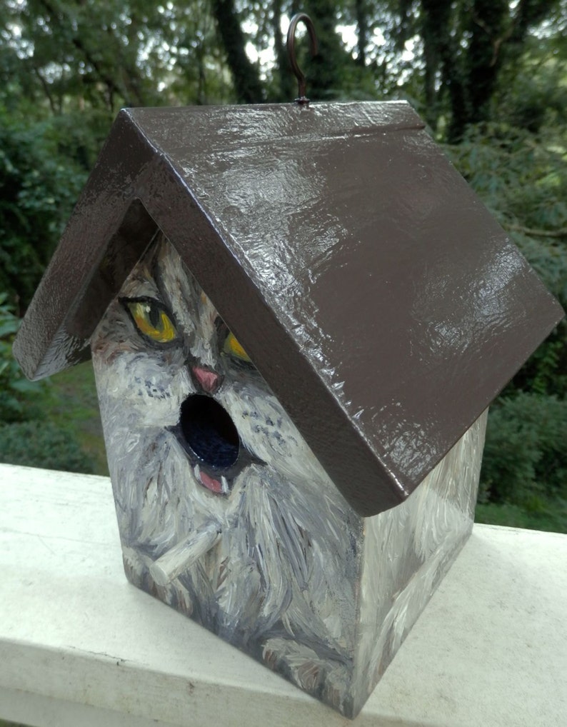 Bird House Hand Painted Custom Gray Cat Design Wood Outdoor image 2