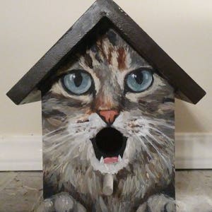 May include: A wooden birdhouse painted to look like a cat's face. The cat has blue eyes, a pink nose, and a black hole for a mouth. The birdhouse is brown and has a peaked roof.