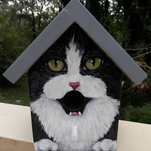 Bird House Hand Painted Black Tuxedo Cat Custom Made Original Wood Outdoor