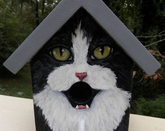 Bird House Hand Painted Black Tuxedo Cat Custom Made Original Wood Outdoor