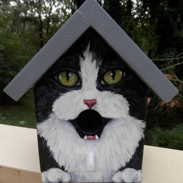 Bird House Hand Painted Black Tuxedo Cat Wood Outdoor