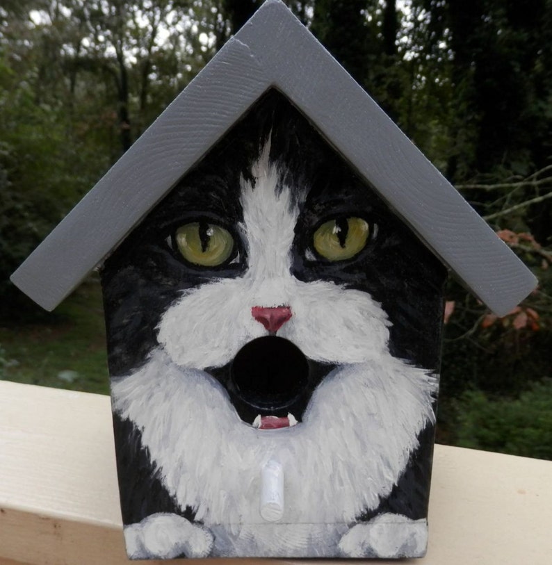 Bird House Hand Painted Black Tuxedo Cat Custom Made Original Wood Outdoor image 1