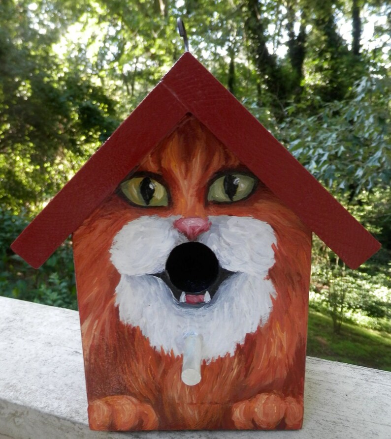 Bird House Hand Painted Custom Orange Tuxedo Cat Design Wood image 1