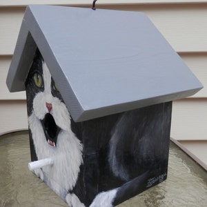 Bird House Hand Painted Black Tuxedo Cat Custom Made Original Wood Outdoor image 2