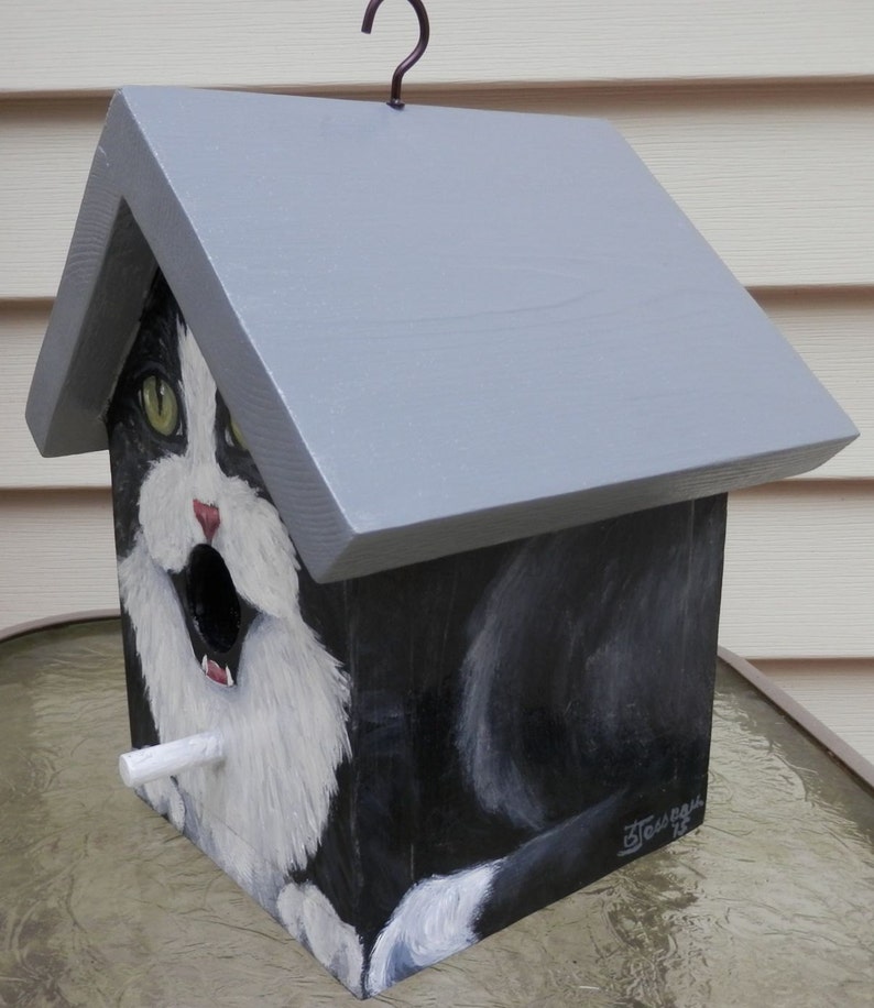 Bird House Hand Painted Black Tuxedo Cat Custom Made Original Wood Outdoor image 2