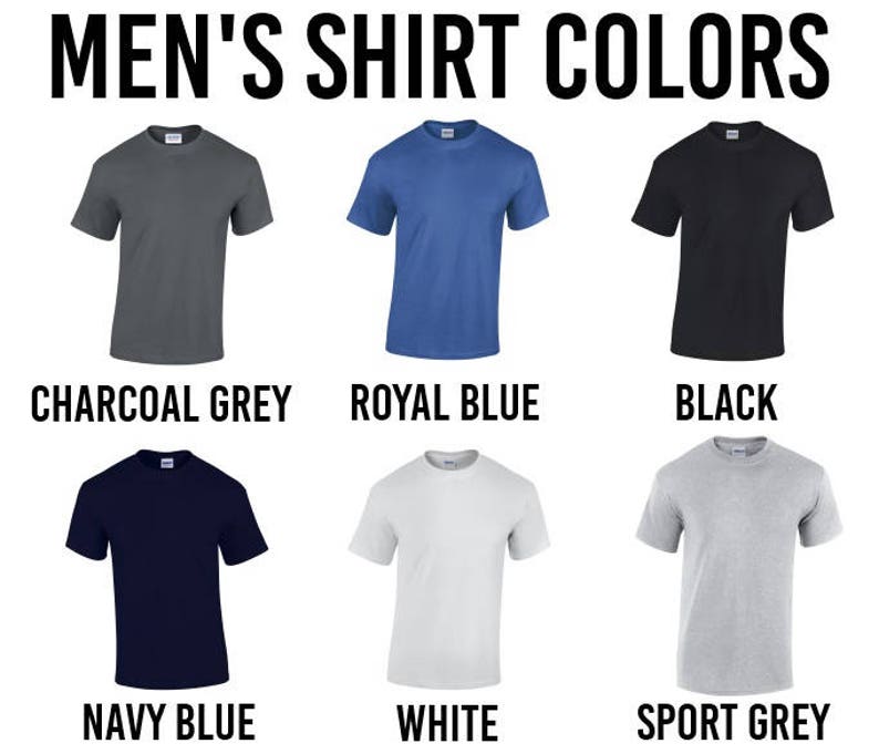 May include: Six different color t-shirts, including charcoal grey, royal blue, black, navy blue, white, and sport grey.