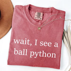 K&ouml;nnte beinhalten: Ein altrosa T-Shirt mit kurzen &Auml;rmeln und Rundhalsausschnitt. Auf der Brust befindet sich der wei&szlig;e Schriftzug "wait, I see a ball python". Das Etikett im Nackenbereich zeigt den Markennamen "Comfort Colors" und die Gr&ouml;&szlig;e S.