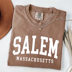 Puede incluir: Una camiseta marr&oacute;n con la palabra "SALEM" en letras blancas grandes, con "MASSACHUSETTS" debajo. Tambi&eacute;n se ve un collar plateado con un colgante y un sombrero marr&oacute;n. La camiseta es de un material suave.