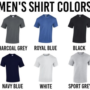 May include: Six different color t-shirts, including charcoal grey, royal blue, black, navy blue, white, and sport grey.  Men's Shirt Colors.