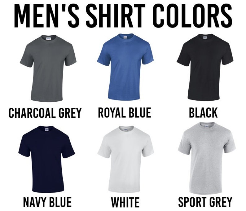 May include: Six different color t-shirts, including charcoal grey, royal blue, black, navy blue, white, and sport grey.  Men's Shirt Colors.
