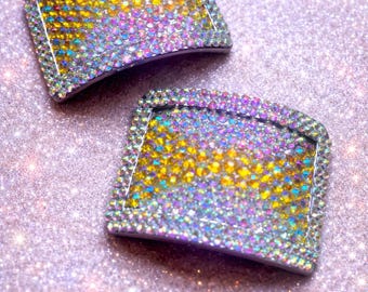 Handmade Irish Dance Heavy Shoe Buckles Pair - AB Crystal with Yellow Bow Design