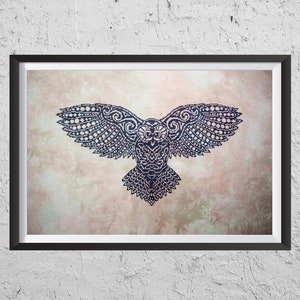 May include: A black and white mandala-style owl with intricate details, framed against a light brown background.