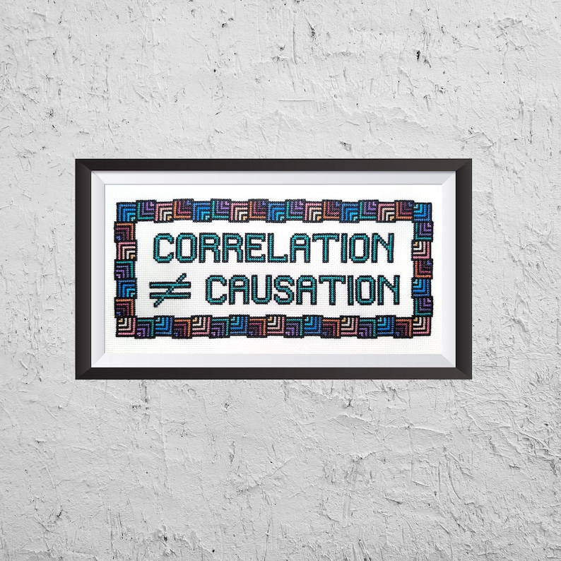May include: Framed cross-stitch art with the words "CORRELATION &ne; CAUSATION" in teal. The text is centered on a white background, framed by a decorative border in shades of blue, purple, and red. The frame is black.