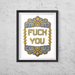 May include: Framed cross-stitch art with the words "FUCK YOU" in yellow, centered on a white background. The text is framed by a blue and gold decorative border. The artwork is in a black frame.