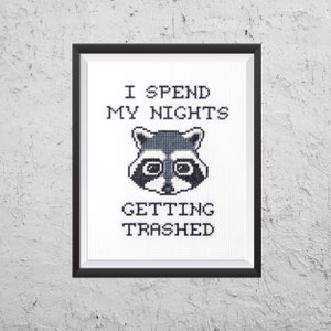 May include: A framed cross-stitch design featuring a raccoon with the text "I spend my nights getting trashed".