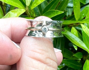 Gold Spinner Ring with Diamond on Sterling band, unique engagement ring
