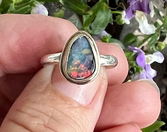Australian Opal Ring with Solid Multi Color Opal in 14k Gold and Sterling Silver