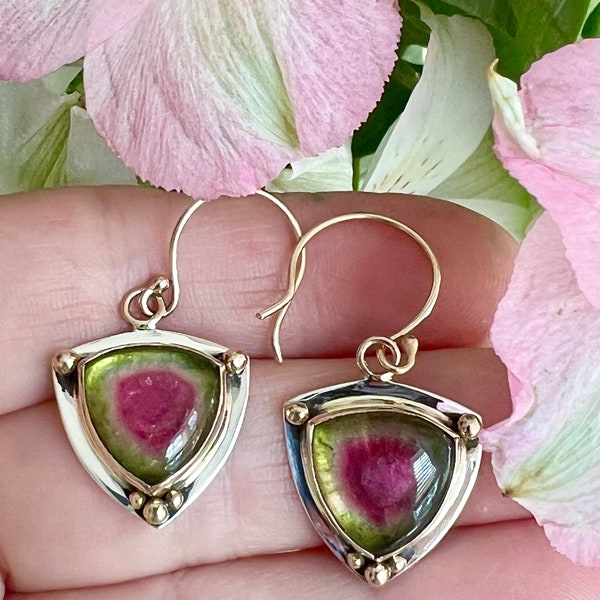 Watermelon Tourmalines in 14k and Sterling Silver, Pink and Green Gemstone Earrings, Gold and Silver Stone Earrings