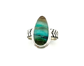 Indonesian Opalized Wood Ring in Sterling Silver, Blue and Green Statement Ring, Scenic Stone Ring