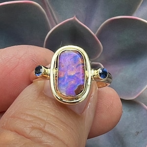 Australian Opal Ring In 14k Gold, Solid Opal and Sapphire Gold Ring, Fine Jewelry