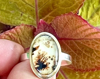 Dendritic Agate in 14k Gold Setting with Sterling Silver Band, OOAK Statement Ring for Nature Lovers, Gem Collector Ring