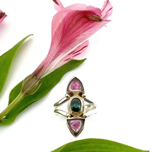 Watermelon Tourmaline Slice Ring, Gemstone Statement Ring in 14k and Sterling