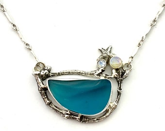 Blue Sea Glass Necklace in Sterling Silver with Opal Accents