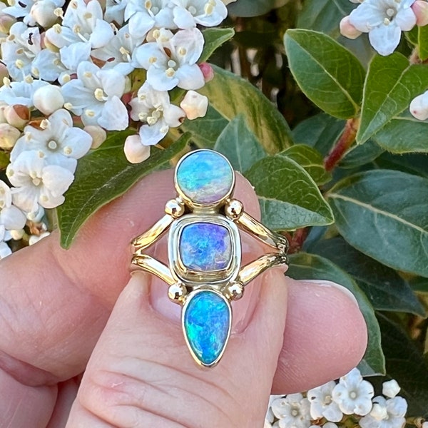 Opal Statement Ring in all Gold, Australian Crystal  Opal  all solid gold, October birthstone jewelry