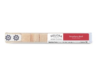 May include: A clear rectangular package containing eight light tan, cube-shaped cocktail mixers. The label features the text Meliora Forever Instant Cocktails, Strawberry Basil, 38 g (8 cubes), and nutrition facts including 10 calories per cube.