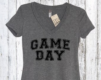Game Day Womens Fitted V Neck Shirt, Sunday Funday, Sports, Weekend, Football, Pop warner, Soccer, Baseball, Softball, Basketball, College
