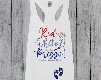 Red White and Preggo Tank Top, Fourth of July Pregnancy Announcement Tank, Funny Pregnant July 4th Shirt, Patriotic Bump Tank Top
