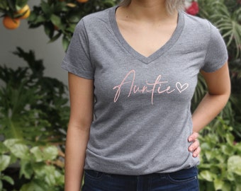 Auntie Shirt Rose Gold Women's Vneck, Auntie T-Shirt, Auntie Women's VNeck Shirt, New Aunt Gift, Aunt To Be Shirt