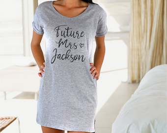 Future Mrs Sleep Shirt Tunic, Personalized Bride Sleep Shirt, Future Mrs Last Name Shirt, Bridal Shower Gift, Bachelorette Sleep Shirt