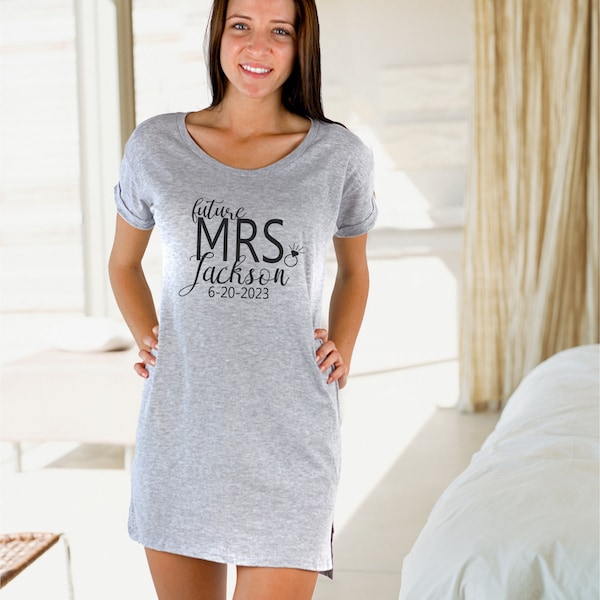 Custom Future Mrs. Sleep Shirt Tunic, Personalized Bride Sleep Shirt, Bridal Getting ready, Last Name, Bridal Shower Engagement Gift