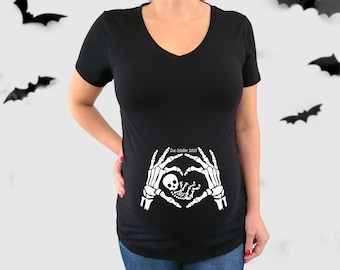 Skeleton Heart Maternity Halloween Pregnancy Shirt, Hands Skeleton Maternity Shirt, Custom Funny Halloween Maternity Shirt, Funny Pregnancy