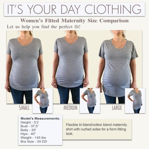 Puede incluir: Tabla de comparaci&oacute;n de tallas para camisas de maternidad ajustadas en tallas peque&ntilde;a, mediana y grande. La modelo lleva una camisa gris con los lados fruncidos. Las medidas de la modelo se enumeran: 1,57 m de altura, 95 cm de busto, 99 cm de vientre, 102 cm de caderas, 66 kg y talla de sujetador 90D. La camisa se describe como una camisa de maternidad de mezcla de algod&oacute;n y tri-mezcla flexible con los lados fruncidos para un look entallado.