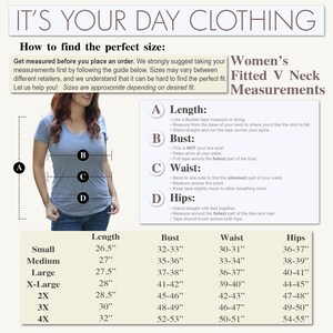 May include: A chart showing how to measure for a fitted V-neck shirt. The chart includes measurements for length, bust, waist, and hips. The chart also includes a size chart with measurements for small, medium, large, X-Large, 2X, 3X, and 4X.