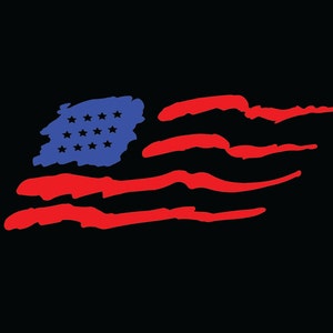 May include: A stylized American flag with red and blue stripes and white stars. The flag is painted in a rough, brushstroke style.