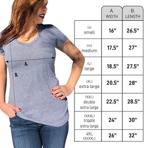 May include: A size chart for a t-shirt with measurements in inches for width and length. The chart shows sizes from small to 4XL (XXXXL).