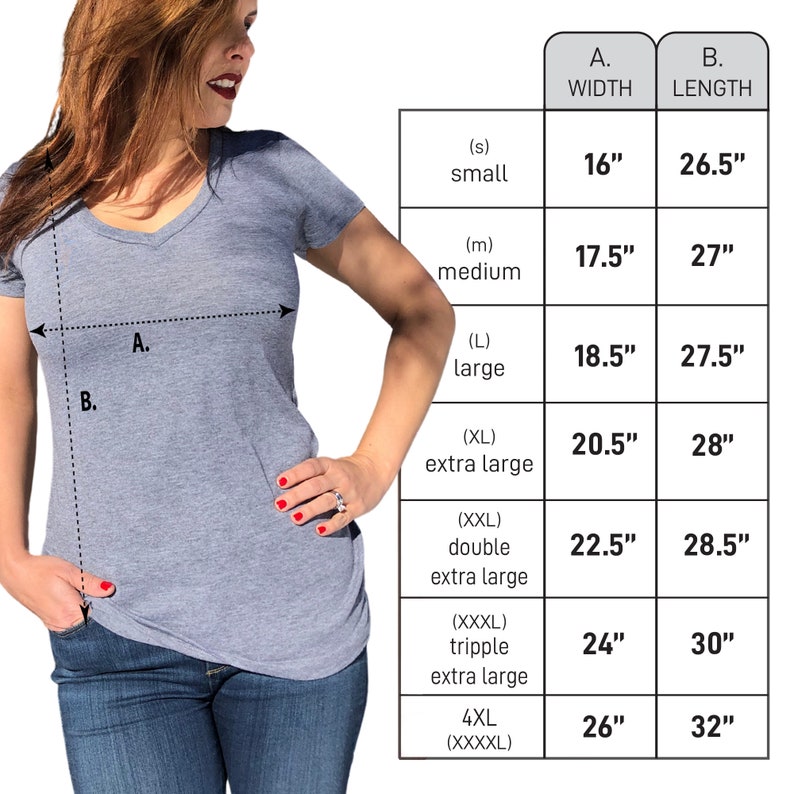 May include: A size chart for a t-shirt with measurements in inches for width and length. The chart shows sizes from small to 4XL (XXXXL).
