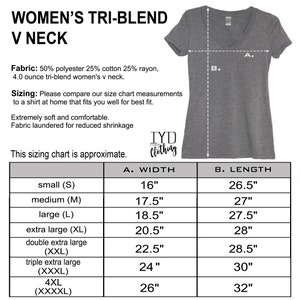 May include: A size chart for women's tri-blend v-neck shirts. The chart shows the width and length measurements in inches for sizes small to 4XL. The fabric is 50% polyester, 25% cotton, and 25% rayon.
