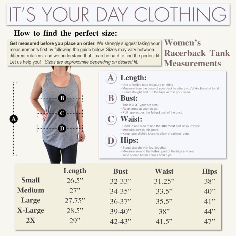 Op de afbeelding: Afbeelding van een grijze racerback tanktop met een maattabel. De tabel toont afmetingen in cm voor lengte, borst, taille en heupen voor maten S tot 2XL. De tekst luidt "IT'S YOUR DAY CLOTHING".