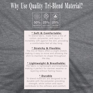 Op de afbeelding: Afbeelding met tekst: "Waarom kwalitatief Tri-Blend materiaal gebruiken?" en percentages van de stof samenstelling. De tekst legt de voordelen van tri-blend stof uit: zacht, comfortabel, rekbaar, flexibel, lichtgewicht, ademend en duurzaam.